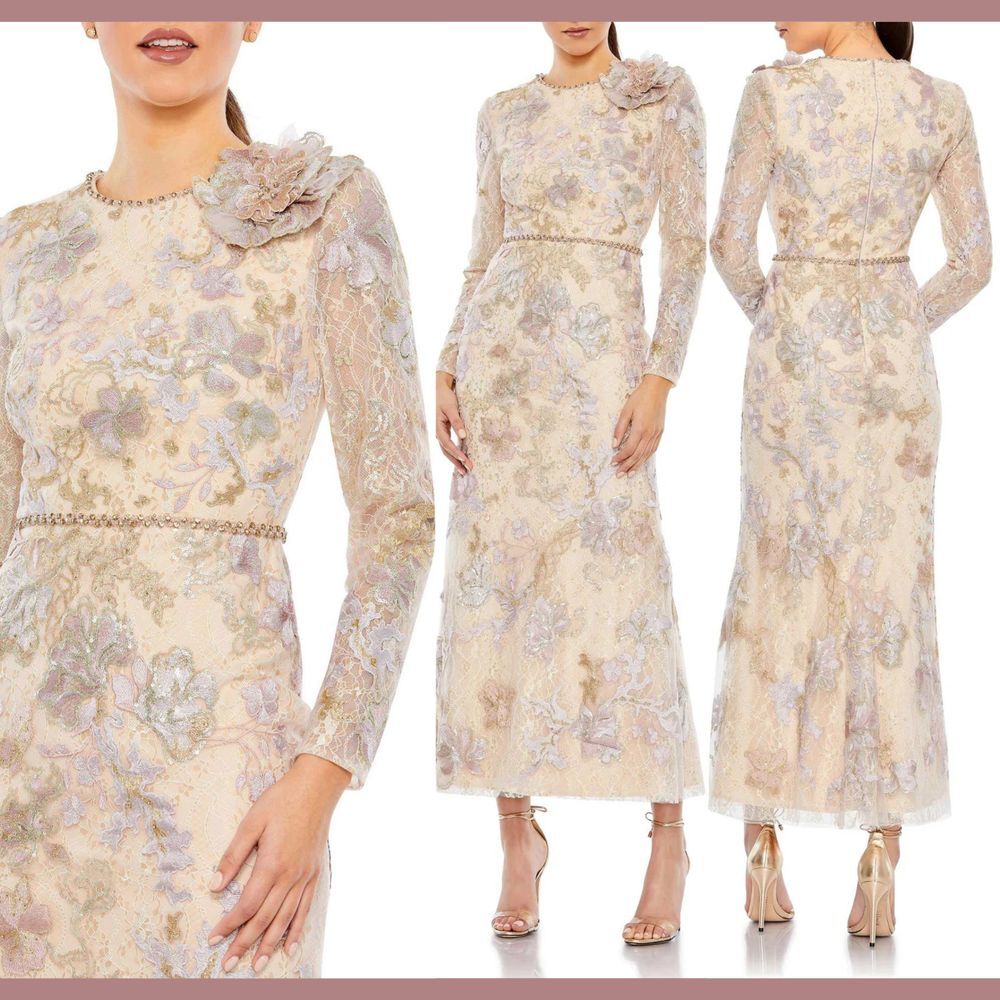 NWT $798 Mac Duggal [ 8 ] Embellished High Neck Long Sleeve Midi Dress‎ #S1012
